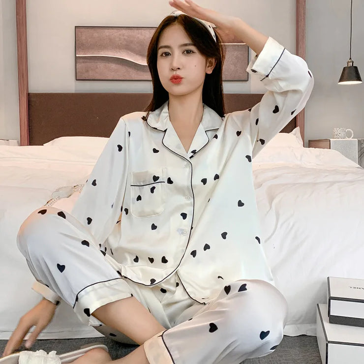 Spring Autumn Silk Pajama Set Long Sleeve Home Wear