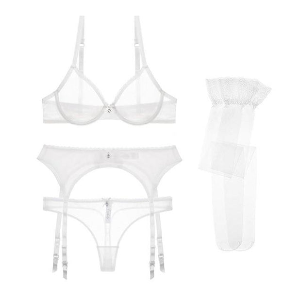 sexy ultra-thin transparent yarn lingerie set bras 4 pcs for young women - FIVE TIGERS 
