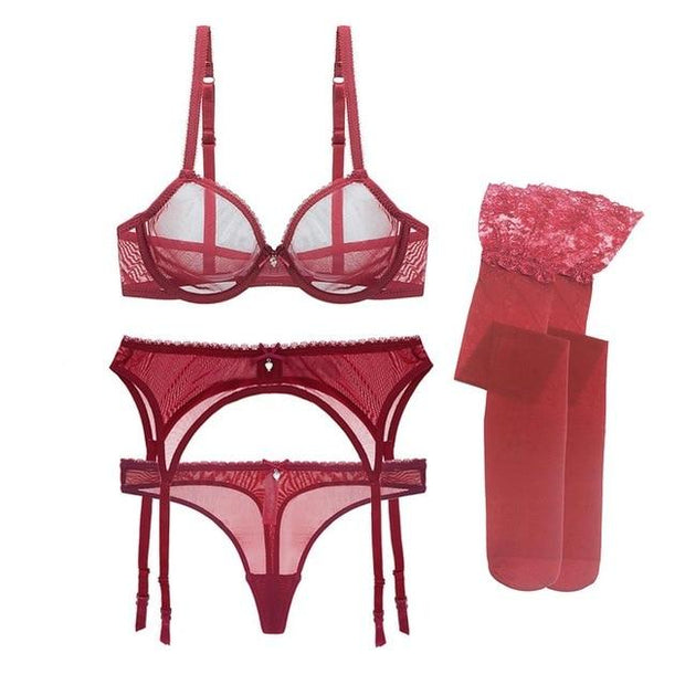 sexy ultra-thin transparent yarn lingerie set bras 4 pcs for young women - FIVE TIGERS 