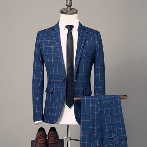 Men's Casual Business Plaid 3 Piece Suit Jacket Coat Trousers