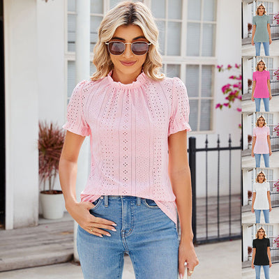 Fashion lacework round neck top puff sleeves summer chic.