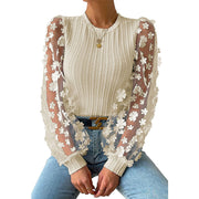 Mesh flower chiffon shirt elegant summer top with long sleeves