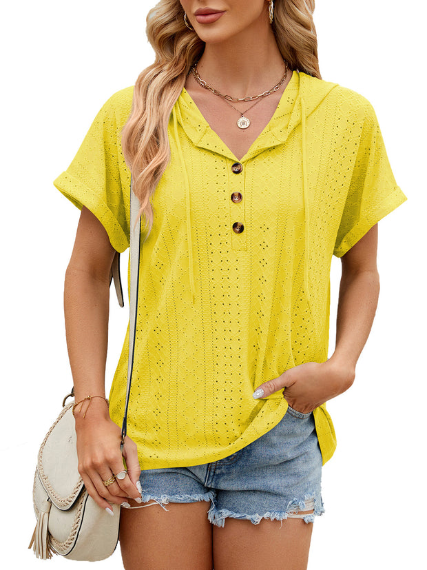 Solid color hooded button top loose stylish summer wear.