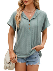 Solid color hooded button top loose stylish summer wear.