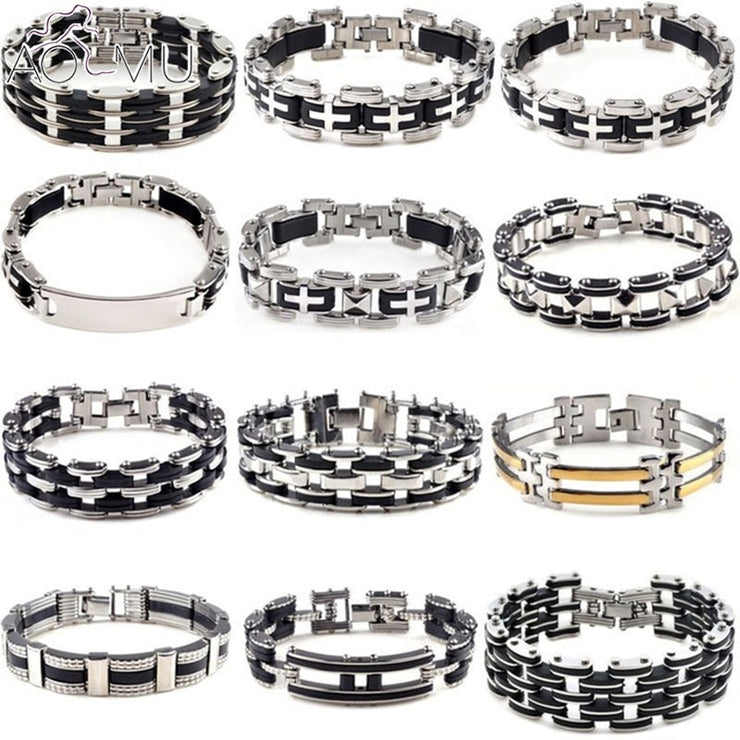 AOMU Men Stainless Steel Link Chain Bracelets & Bangles Men's Cuff  Wristband Biker Motorcycle Black Silicone Bracelet