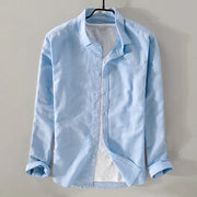 New sky blue linen shirt: Men's fashion, solid, long sleeve, square collar.