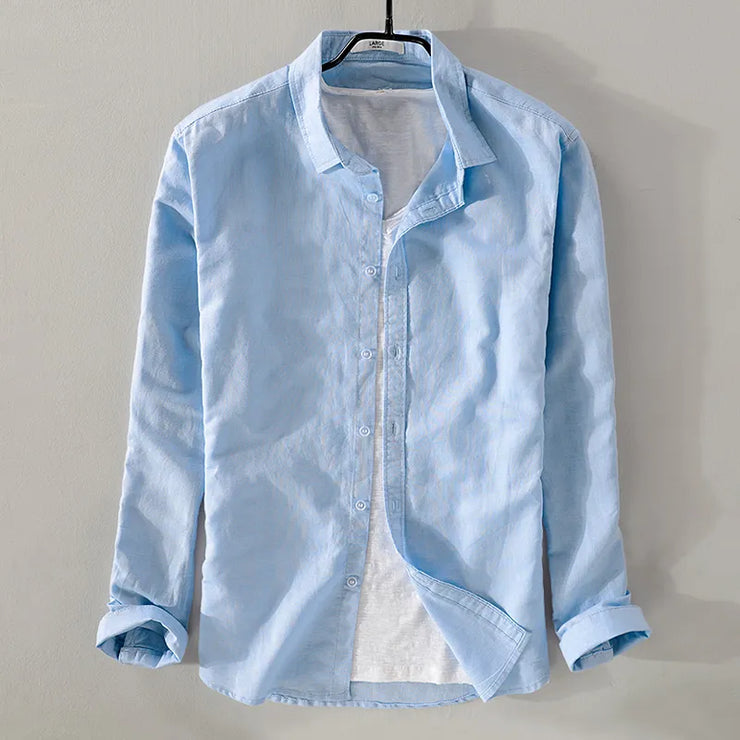 New sky blue linen shirt: Men's fashion, solid, long sleeve, square collar.