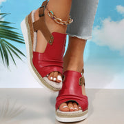 Straw Wedge Sandals Peep Toe Buckle Beach Shoes