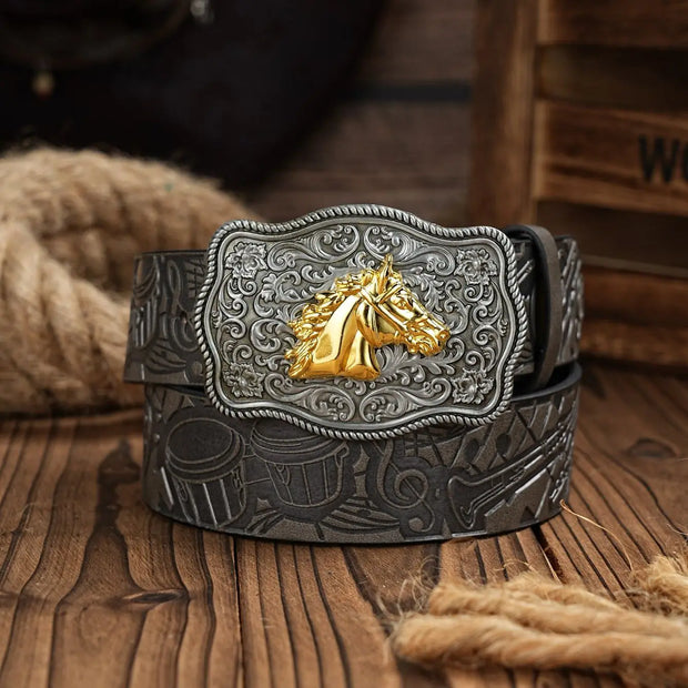 Western Cowboy Belt Bull & Floral Engraved