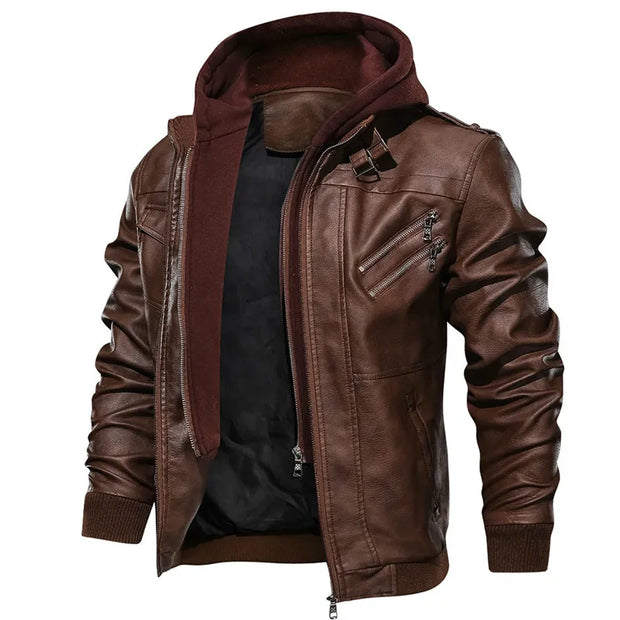 Men's Military Style Hooded PU Leather Jacket