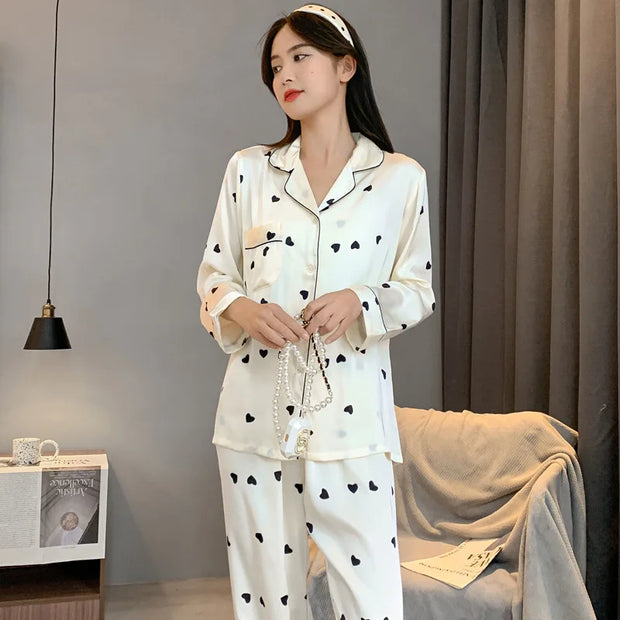 Spring Autumn Silk Pajama Set Long Sleeve Home Wear