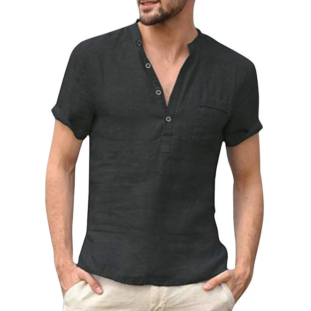 New Men's Linen V Neck Bandage Shirt: High-quality, solid color, casual cotton-linen blend