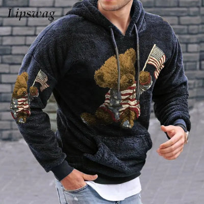 Bear Embroidery Fleece Hoodie Streetwear