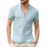 New Men's Linen V Neck Bandage Shirt: High-quality, solid color, casual cotton-linen blend
