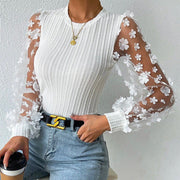 Mesh flower chiffon shirt elegant summer top with long sleeves