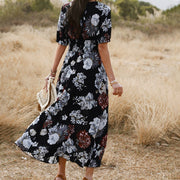 Floral V-Neck Beach Dress Elastic Waist Summer Style