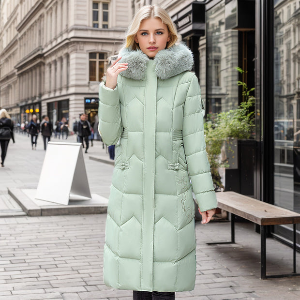 Women’s Winter Long Coat Fur Collar Straight Slim Cotton-padded Jacket
