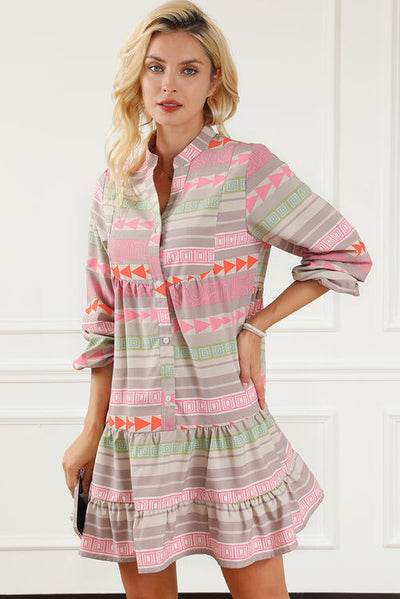 Tiered Notched Balloon Sleeve Buttoned Dress