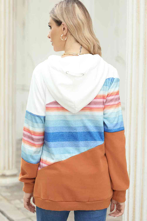 Drawstring Color Block Hoodie with Pockets