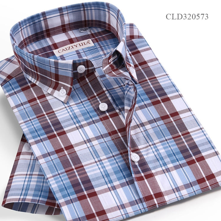 Checkered Mens Casual Shirts 100% Cotton Short Sleeve Summer Cool Plaid Shirts for Men Slim Fit Male Tops pocketless  Quality