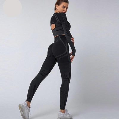 Peeli 2 PC Sports Set Seo Seamless Yoga Set Sport Suit for Women Long Sleeve Gym Crop Top High Waist Leggings Fitness Gym Suit