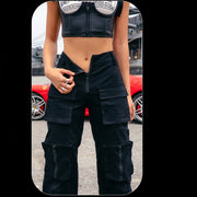 InstaHot Black Pocket Cargo Pants Women Streetwear Casual Joggers High Waist Loose Femal Trousers Korean Style Moto Biker Capris