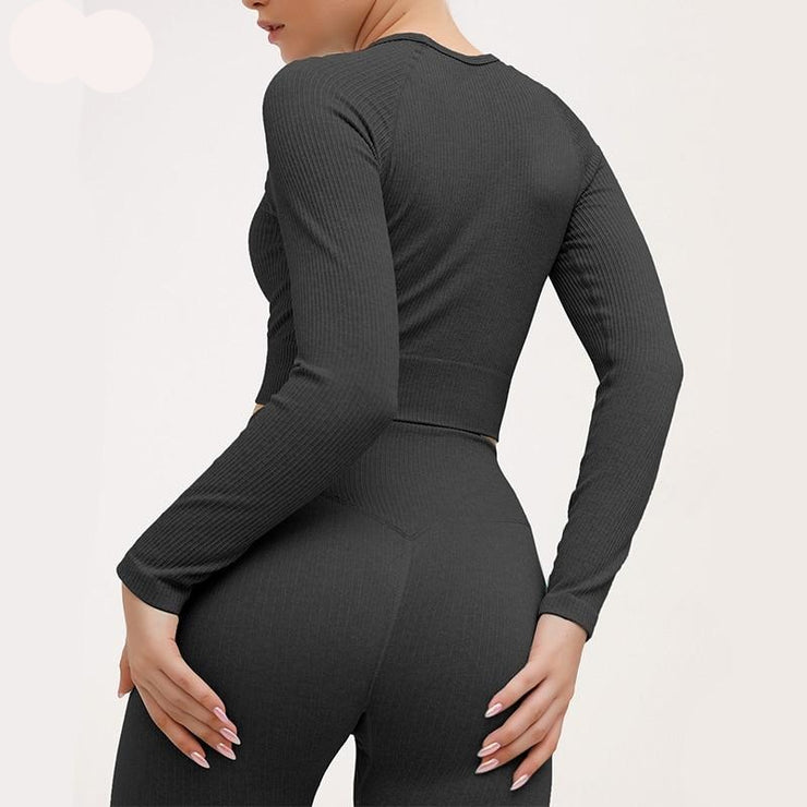 Peeli Ribbed Seamless Yoga Set Sport Suit Workout Clothes for Women Long Sleeve Gym Crop Top High Waist Leggings Fitness Set