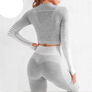 Peeli Long Sleeve Gym Set Cropped Top Seamless Leggings Yoga Set Workout Clothes Women Sport Suit Sportswear Running Tracksuit