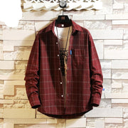 Streetwear Japanese Korean Social Shirts Men Red Winter Brand Cotton Blouses Male Fashion Autumn Long Sleeve Plaid Casual Shirt