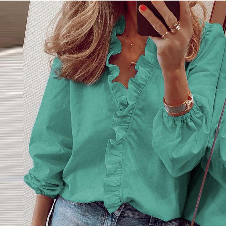 Blouse Shirts Office Lady 2020 Spring Summer Print Long Sleeve Ruffle Women Blouses Sexy V-neck  pullover Tops