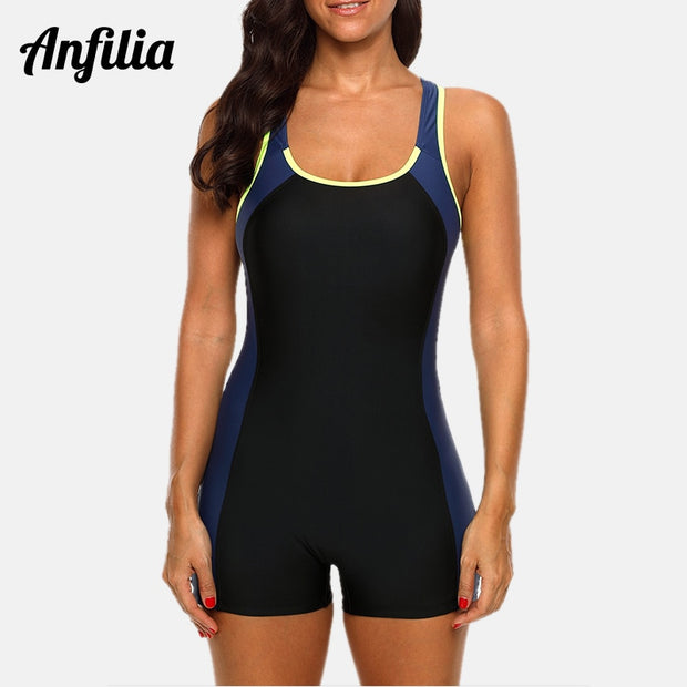 Anfilia Women One-piece Sports Swimwear Sport Swimsuit Colorblock Anthletic Swimwear Open Back Beach Wear Fitness Bathing Suits