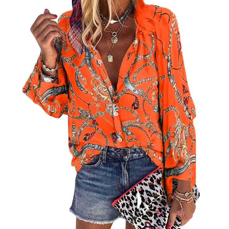 2020 New Design Plus Size Women Blouse V-neck Long Sleeve Chains Print Loose casual Shirts Womens Tops And Blouses