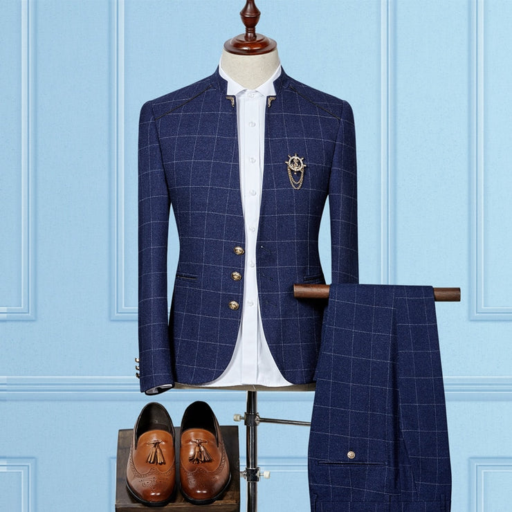 (Blazer+ Pants) Fashion Stand Collar Men's Plaid Suit Set English Slim Party Dress Groomsman Suit High End Plus Size 3XL Suits