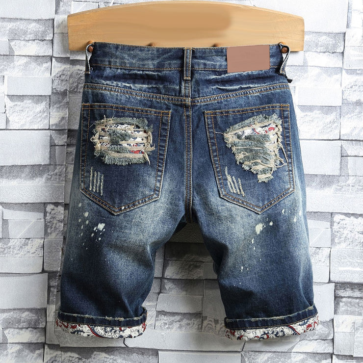 Retro Summer Men Ripped Denim Shorts Jeans Destroyed Hole Plus Size Fifth Pants Streetwear Summer Straight Denim Ripped shorts