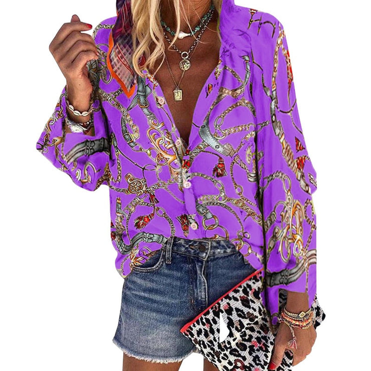 2020 New Design Plus Size Women Blouse V-neck Long Sleeve Chains Print Loose casual Shirts Womens Tops And Blouses