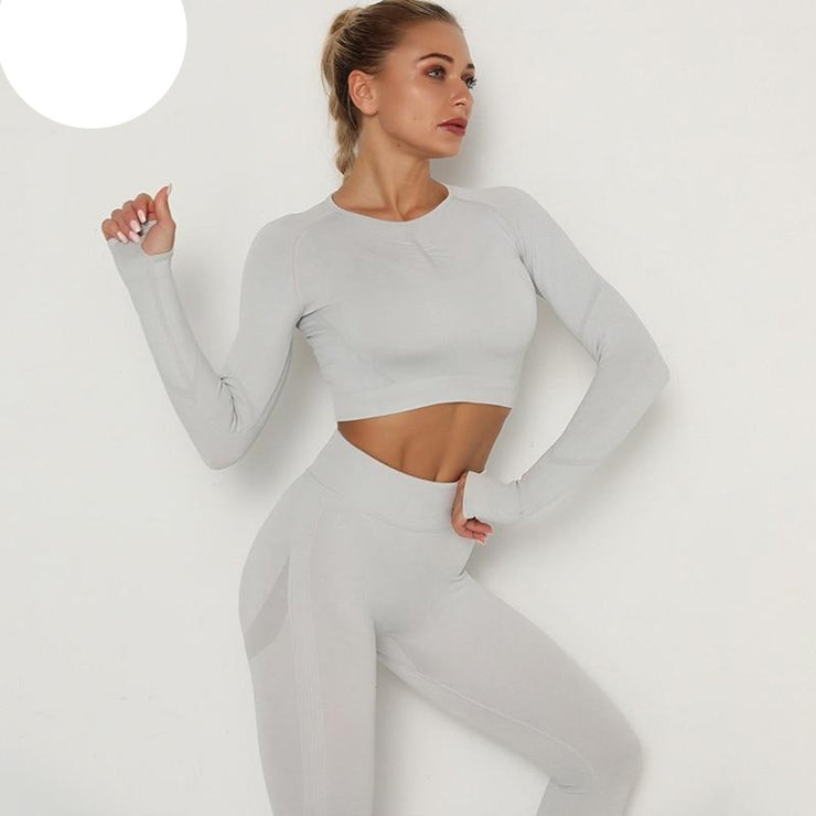 2 Pcs Yoga Set Seamless Women Sport Suit Workout Sportswear Gym Set Long Sleeve Crop Top Scrunch Butt Leggings Fitness Clothing