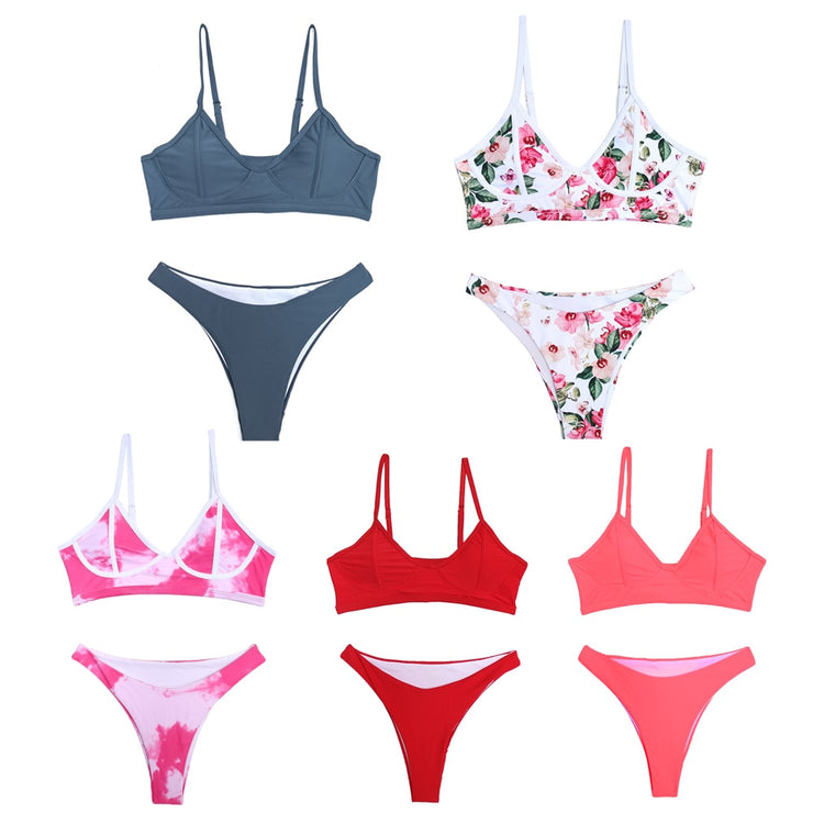 Sexy Solid/Floral/Tie Dye Thong Brazilian Push Up Bikini Set 2020 Swimsuit Women Swimwear Beach Wear Swim Bathing Suit Beachwear
