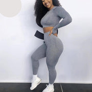 Women 2pcs Seamless Yoga Set Sport Suit Gymwear Workout Clothes Long Sleeve Gym Crop Top High Waist Leggings Fitness Sports Wear
