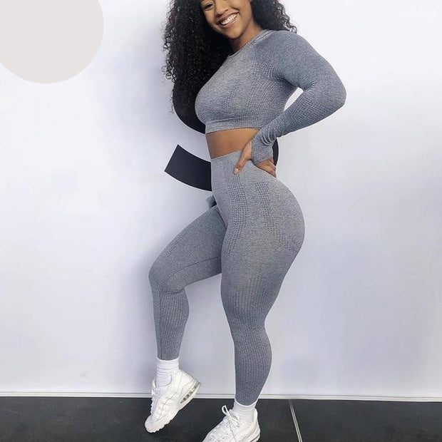 Women 2pcs Seamless Yoga Set Sport Suit Gymwear Workout Clothes Long Sleeve Gym Crop Top High Waist Leggings Fitness Sports Wear