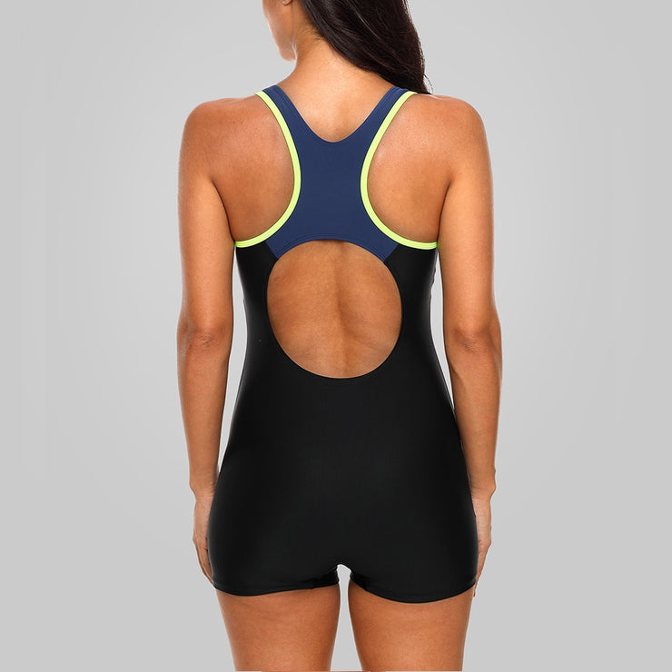 Anfilia Women One-piece Sports Swimwear Sport Swimsuit Colorblock Anthletic Swimwear Open Back Beach Wear Fitness Bathing Suits