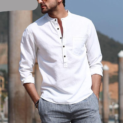 INCERUN Men's Casual Shirt Cotton Solid Color Long Sleeve Blouse Chic Stand Collar Fashion Handsome Tops 2021 Streetwear Camisas