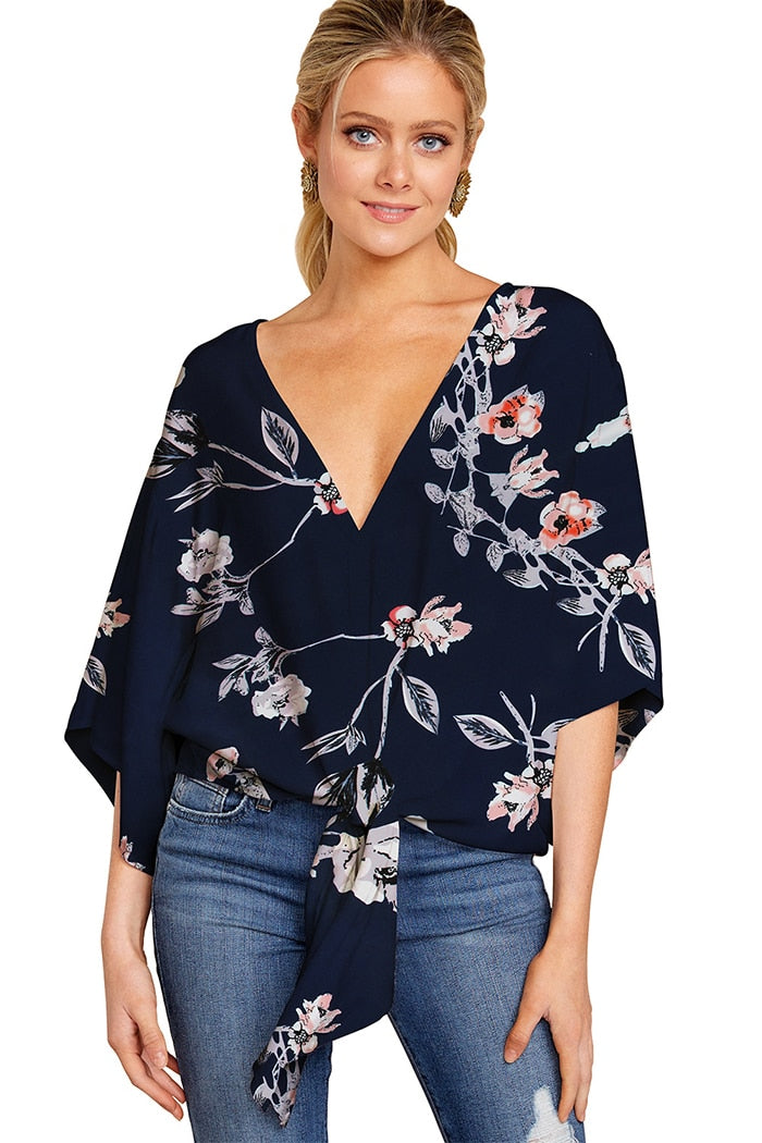 Summer Elegant Office Blouse Women Clothes V-neck 3/4 Sleeve Floral Print Streetwear Shirts Womens And Blouses Plus Size Tops