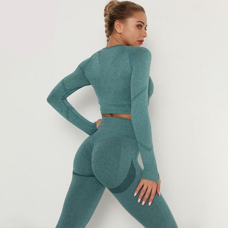 2 Pcs Yoga Set Seamless Women Sport Suit Workout Sportswear Gym Set Long Sleeve Crop Top Scrunch Butt Leggings Fitness Clothing