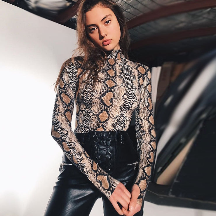 InstaHot Snakeskin Bodysuits Women Sexy Snake Skin High Turtleneck Long Sleeve Python Fashion 2018 Spring Rompers Playsuit Lady