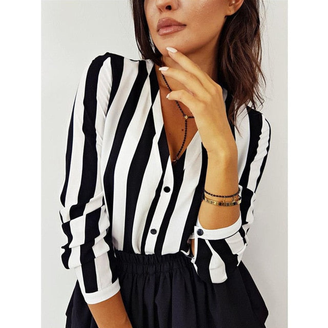 2019 New Blouse Women Casual Striped Top Shirts Blouses Female Loose Blusas Autumn Fall Casual Ladies Office Blouses Top Sexy