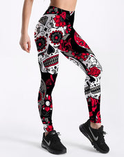 Qickitout Leggings Hot Sell Women's Skull&flower Black Leggings Digital Print Pants Trousers Stretch Pants Plus Size