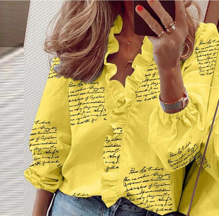 Blouse Shirts Office Lady 2020 Spring Summer Print Long Sleeve Ruffle Women Blouses Sexy V-neck  pullover Tops