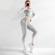 Peeli Long Sleeve Gym Set Cropped Top Seamless Leggings Yoga Set Workout Clothes Women Sport Suit Sportswear Running Tracksuit
