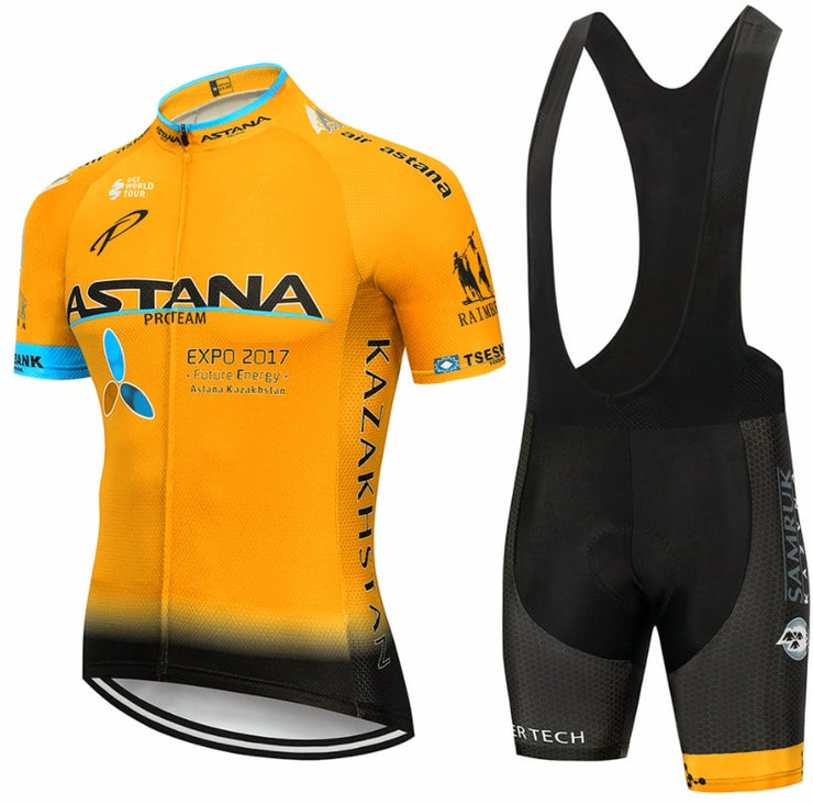 New 2019 Yellow Astana Cycling team jersey 9D bike shorts set Quick Dry Mens Bicycle clothes team pro BIKE Maillot Culotte