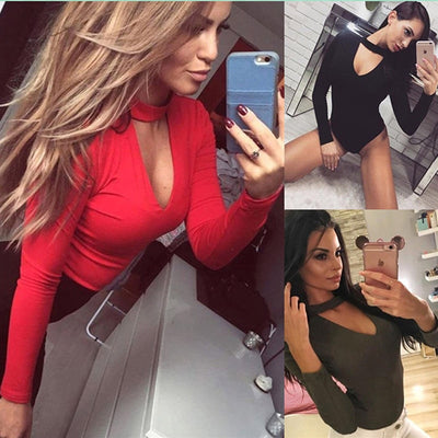 Women Bodysuit Choker Romper Deep V Neck Bodycon Body Suit One Piece Fitness Overalls body mujer clothes suit Long Sleeve